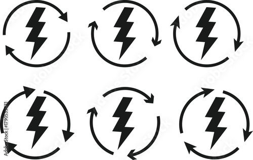 Lightning Bolt icon with Circle Arrow Icon Set. Digital Power Loop and Electric Renewal symbols. Fast Reload and Quick Charge sign
