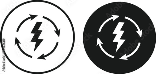 Lightning Bolt icon with Circle Arrow Icon Set. Digital Power Loop and Electric Renewal symbols. Fast Reload and Quick Charge sign