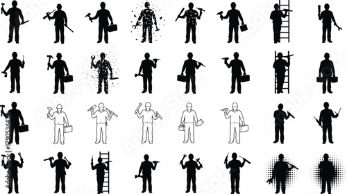 Worker silhouette, tool icon, manual labor, tradesperson pose, construction gear, vocational figure, wrench grip, hammer stance, paint roller, drill action
