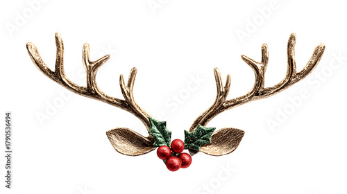 Festive reindeer antlers with shiny red nose and holly detail isolated on white background