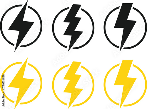 Lightning Bolt Icon Set. Power, Energy, and Speed Symbols. Fast Charge and Critical Alert sign. High Voltage and Danger Warning Icons collection