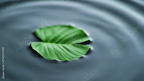 Green leaf floating on water with ripples.