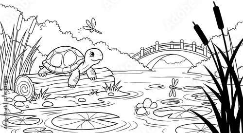Cute turtle resting on a log by the pond with lily pads and bridge - Concept of coloring pages for kids  