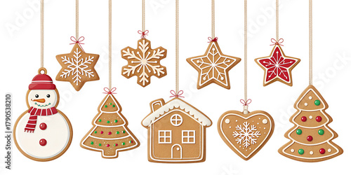 Cute set of hanging gingerbread Christmas cookies in the shape of snowman, bell, snowflake, stocking, star, house, tree, and gingerbread man. Festive holiday decorations on white background. Perfect f
