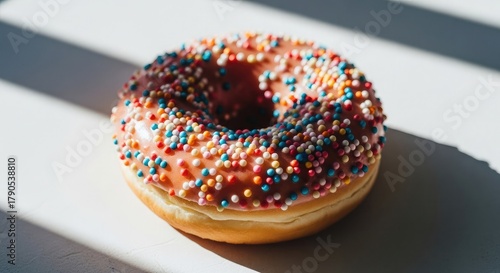 Delicious glazed pink and chocolate donuts with colorful sprinkles, sweet sugary dessert pastry