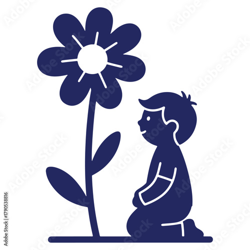 Illustration of a boy kneeling to admire a large flower in a serene and minimalist style