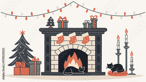 A christmas scene with a fireplace christmas tree gifts stockings candles and cats in a cozy setting