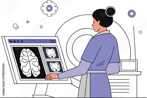 Female radiologist or technician analyzing brain MRI scans on a monitor, with imaging equipment in the background.