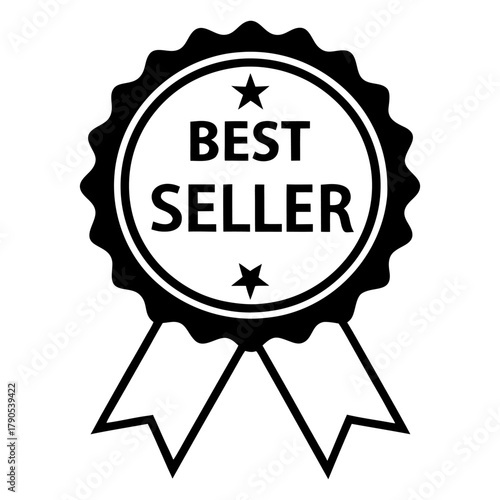 black best seller medal, selling award, prize label, icon, ribbon, isolated white background