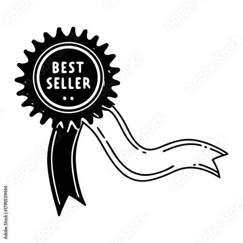 black best seller medal, selling award, prize label, icon, ribbon, isolated white background