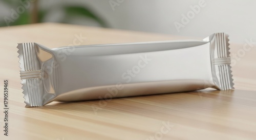 Empty white plastic bag on table next to stack of paper