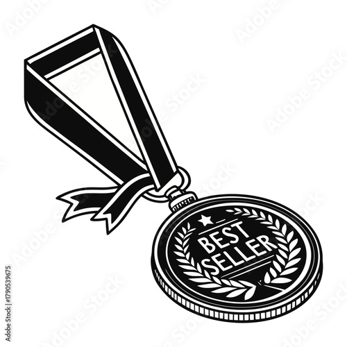 black best seller medal, selling award, prize label, icon, ribbon, isolated white background