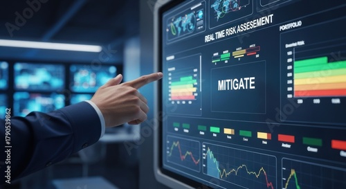 Businessman's hand pointing digital screen with real-time risk assessment dashboard with charts word 