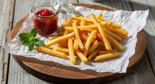 Isolated plate of fast food fish and chips with french fries, ketchup, and fried potatoes