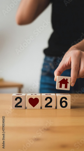 Person placing a house icon block onto wooden cubes spelling out 2026 with a heart symbol