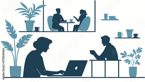 Silhouettes of people in a workspace with plants and shelves in a modern office environment design