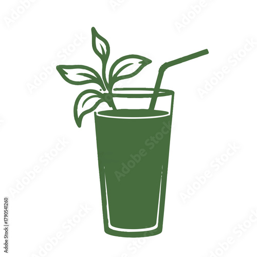 Illustration of a green smoothie in a glass with a straw and leaves