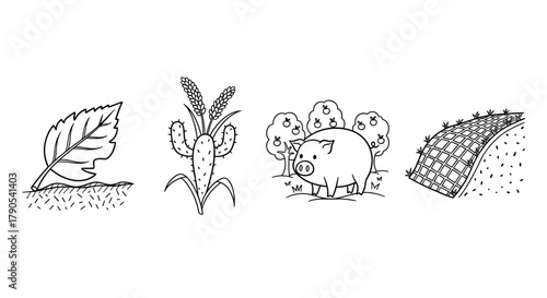 Agricultural elements including leaf, corn, pig, and fence illustration  Regenerative Agriculture icon set