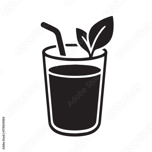 Refreshing dark drink with straw and leaf garnish, a cool and invigorating beverage for a hot summer day