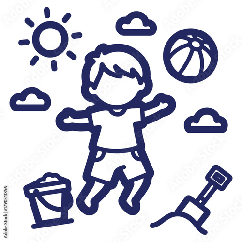 Joyful day at the beach with boy playing sun shining clouds floating and having fun with sand toys