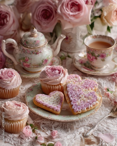 Sweet Temptations: An idyllic composition of a tea set surrounded by cupcakes, heart-shaped cookies, and elegant floral arrangements evokes a sense of tranquility and sweetness.