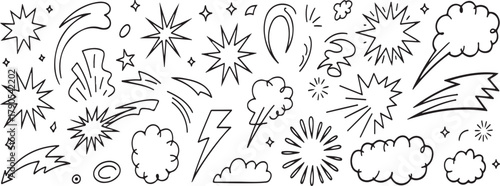 Hand Drawn Explosion Shapes Stars and Clouds on White Background starburst sparkle