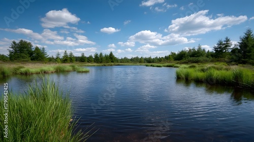 Tranquil bog landscape with reflective water green reeds and trees under a blue sky