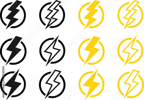Lightning Bolt Icon Set. Power, Energy, and Speed Symbols. Fast Charge and Critical Alert sign. High Voltage and Danger Warning Icons collection