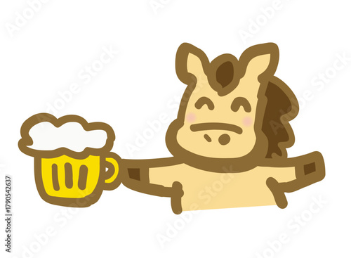 年賀状素材：ビールジョッキを片手に持ち、楽しそうな馬のイラスト。New Year's card material: An illustration of a happy horse holding a beer mug in one hand.