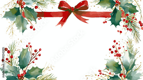 Watercolor christmas frame with holly and pine. Christmas vector template