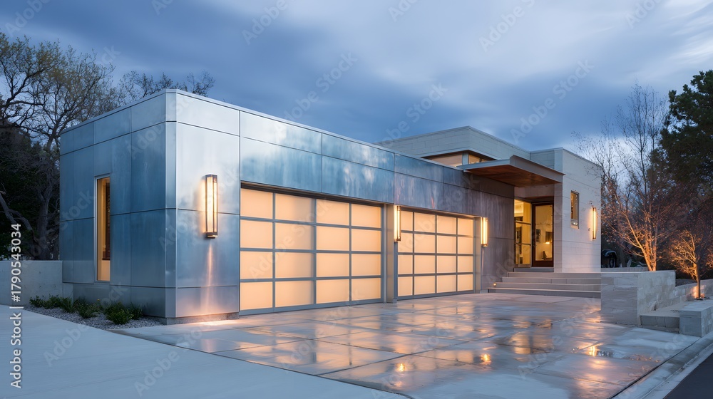 Obraz premium Modern car garage with minimal decor and metallic finishes
