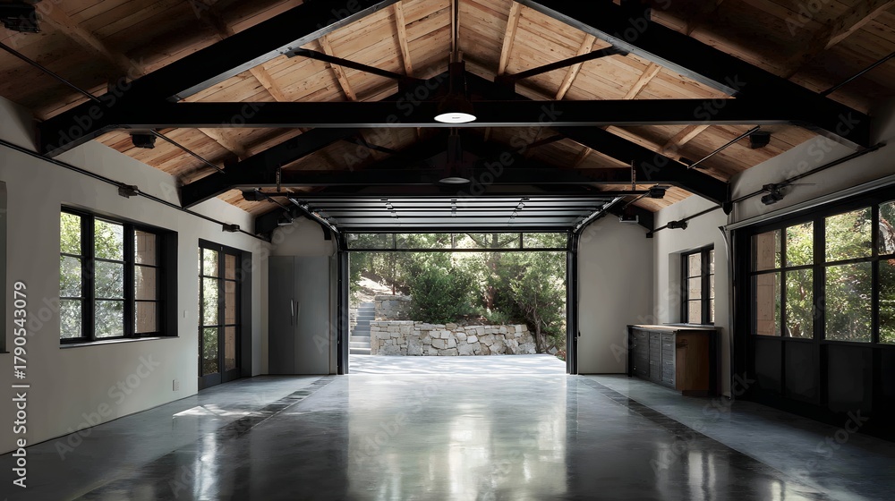 Fototapeta premium Large open garage with minimalist aesthetic and functional layout