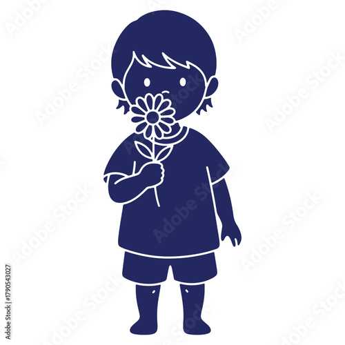 Little boy holding a flower illustration with a cute innocent look great for childrens book designs and various graphic projects