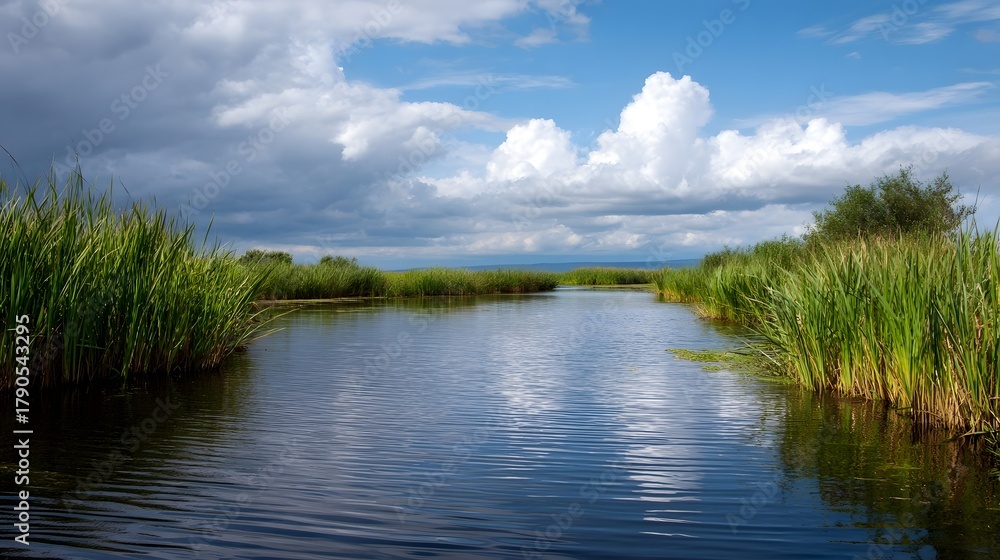 Fototapeta premium A serene river flows through lush green reeds under a dramatic sky with scattered clouds
