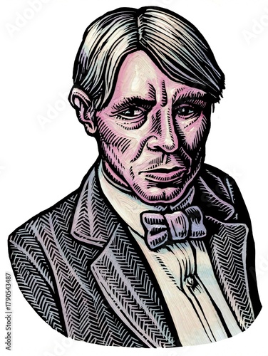 portrait of American poet Carl Sandburg in a bow tie and tweed suit