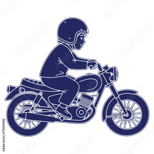 Motorcycle adventure with a young rider wearing helmet vector illustration in blue and white great for transportation themes