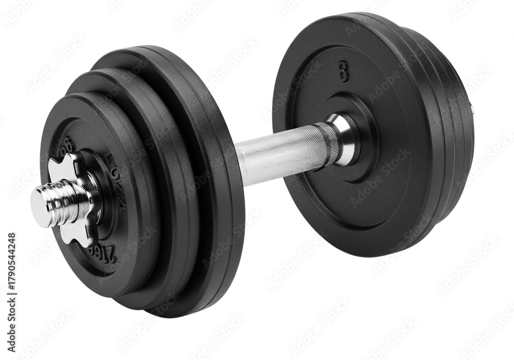 Naklejka premium Adjustable dumbbell with black weight plates and a chrome handle