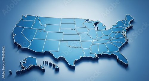 3d map of the united states with state borders highlighted in blue