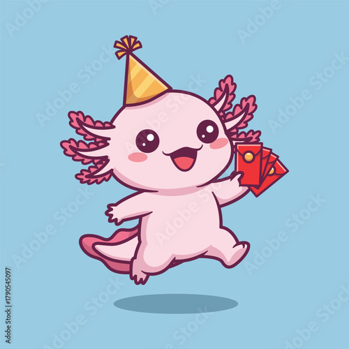 Cute Axolotl Celebrating with Party Hat and Red Cards Lunar New