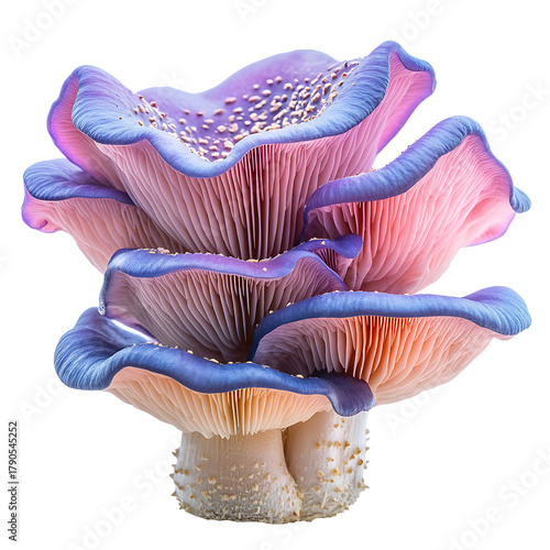 Vibrant pink and purple mushroom with detailed gills isolated on transparent background