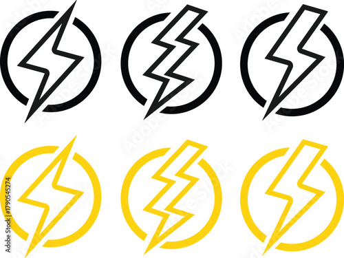 Lightning Bolt Icon Set. Power, Energy, and Speed Symbols. Fast Charge and Critical Alert sign. High Voltage and Danger Warning Icons collection