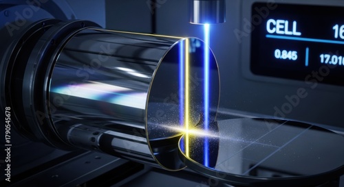 High-tech laser etching machine precisely cutting silicon wafer with bright blue yellow beams, for advanced manufacturing, semiconductor production, technological innovation in electronics