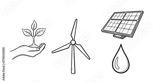 Eco-friendly energy icons including plant, wind turbine, solar panel, water droplet  , ESG & Sustainable Metrics icon set. 