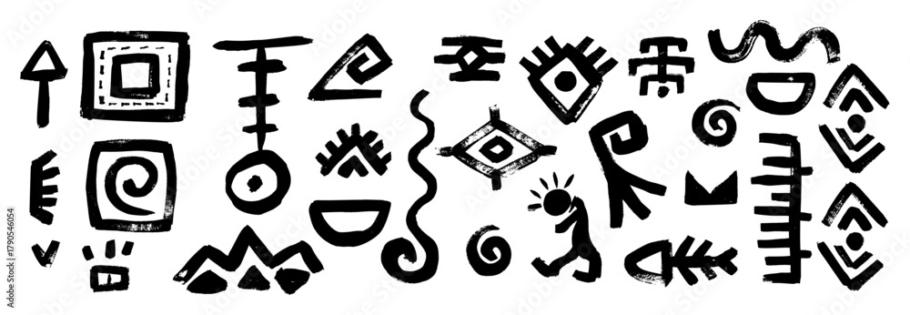 Fototapeta premium Ornate tribal symbol set capturing african aztec maya ethnic essence through idol logo icon vector influences in classic mexican. Arrow, fishbone, eye, rhombus, swirl elements on white background