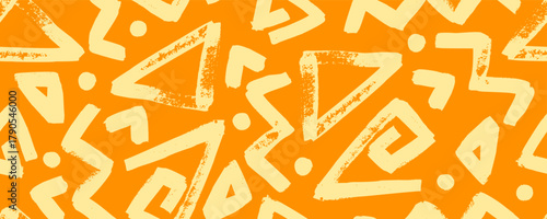 Vibrant seamless pattern showcasing hawaiian cultural motifs with geometric brush triangle grange maze zig zag organic ink wave elements in orange color ornament style vector artwork.