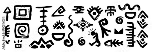 Ornate tribal symbol set capturing african aztec maya ethnic essence through idol logo icon vector influences in classic mexican. Arrow, fishbone, eye, rhombus, swirl elements on white background