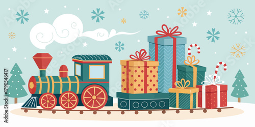 Vector illustration of christmas  festive christmas train carrying gifts with snowflakes background