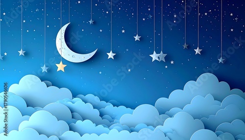 Dreamy illustration with paper-cut clouds, a crescent moon, and hanging stars in a blue gradient night sky
