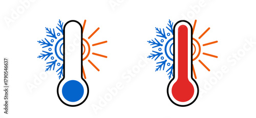 Abstract thermometer measure indicator set vector design with snowflake and sun symbol. Creative weather meteorology icon, summer, winter season illustration. 