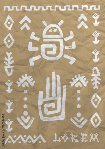 Ancient tribal symbol in african aztec maya style featuring ethnic idol logo icon design elements on textured papirus paper background with fold effects vector illustration for cultural motifs